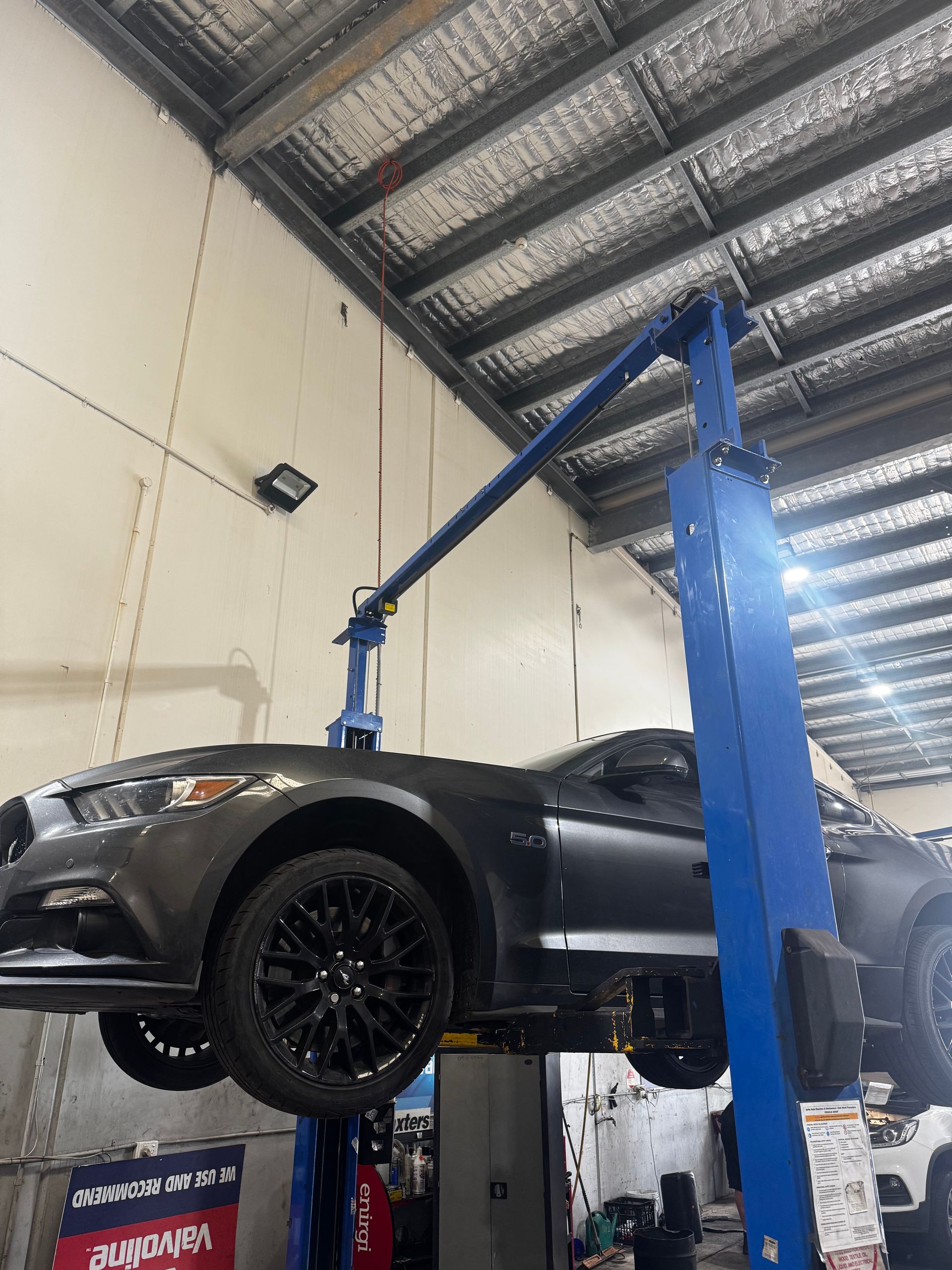 A Dark Gray Ford Mustang Elevated On A Blue — Elite Fleet Auto - Electrics & Mechanical in Bowen, QLD