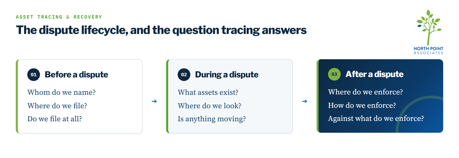 Litigation and dispute cycle with key questions about assets, jurisdictions, filings, enforcement. 