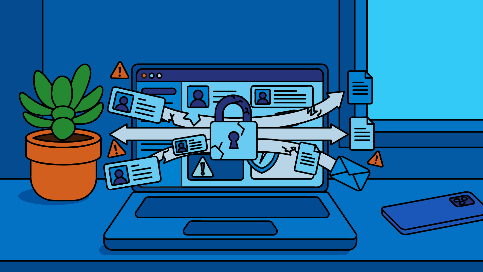 Illustration: identities and data escaping from a computer