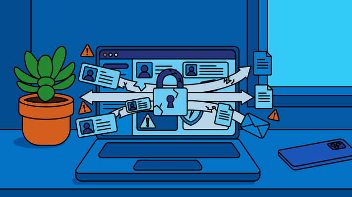 Illustration : identités et données qui s'échappent d'un ordinateur