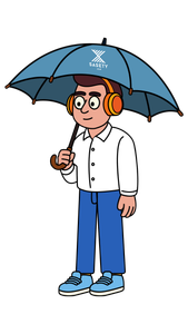 Mascotte SASETY sous un parapluie