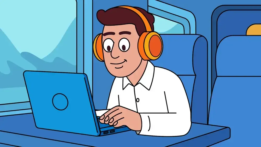 Employee securely connected from the train, protected by SASETY