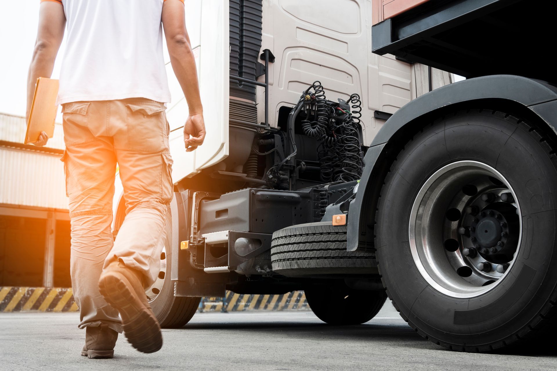 person walking towards semi truck cab