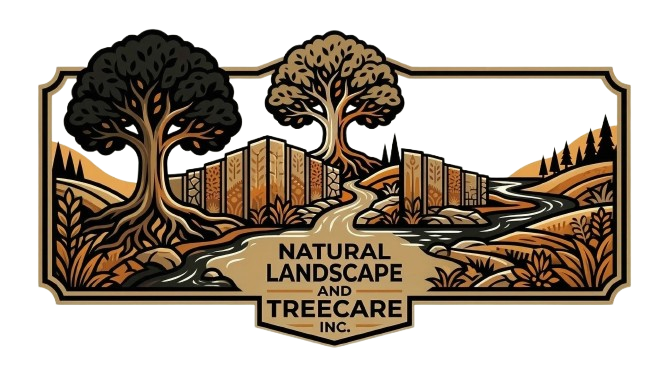 A logo for Natural Landscape and Treecare Inc. featuring trees, a river, and a stone wall in earthy tones.