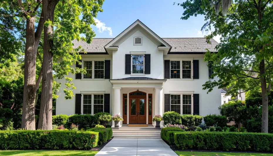 A two-story white house with dark shutters, a wooden front door, and a manicured hedge in a green, tree-filled yard.