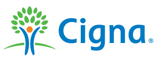 A cigna logo with a tree and a person in the middle.