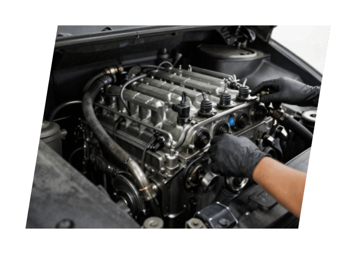 Technician performing repairs on a diesel engine by servicing internal engine components under the hood.