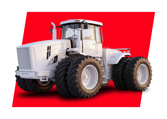 White agricultural tractor with oversized treaded tires designed for farm work, field operations, and heavy agricultural equipment use.