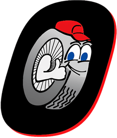 Cartoon tire mascot wearing a red cap, giving a thumbs-up on a black oval background.