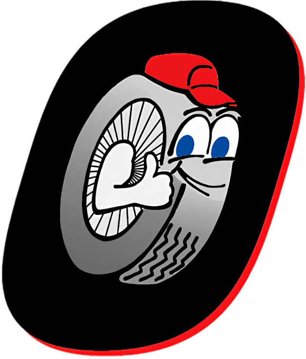 Cartoon tire mascot wearing a red cap, giving a thumbs-up on a black oval background.