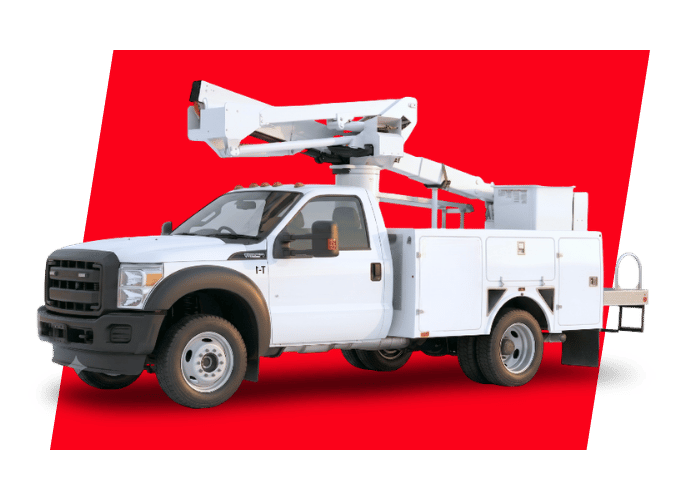 White utility service truck with an aerial bucket lift for electrical, telecommunications, and commercial maintenance work.