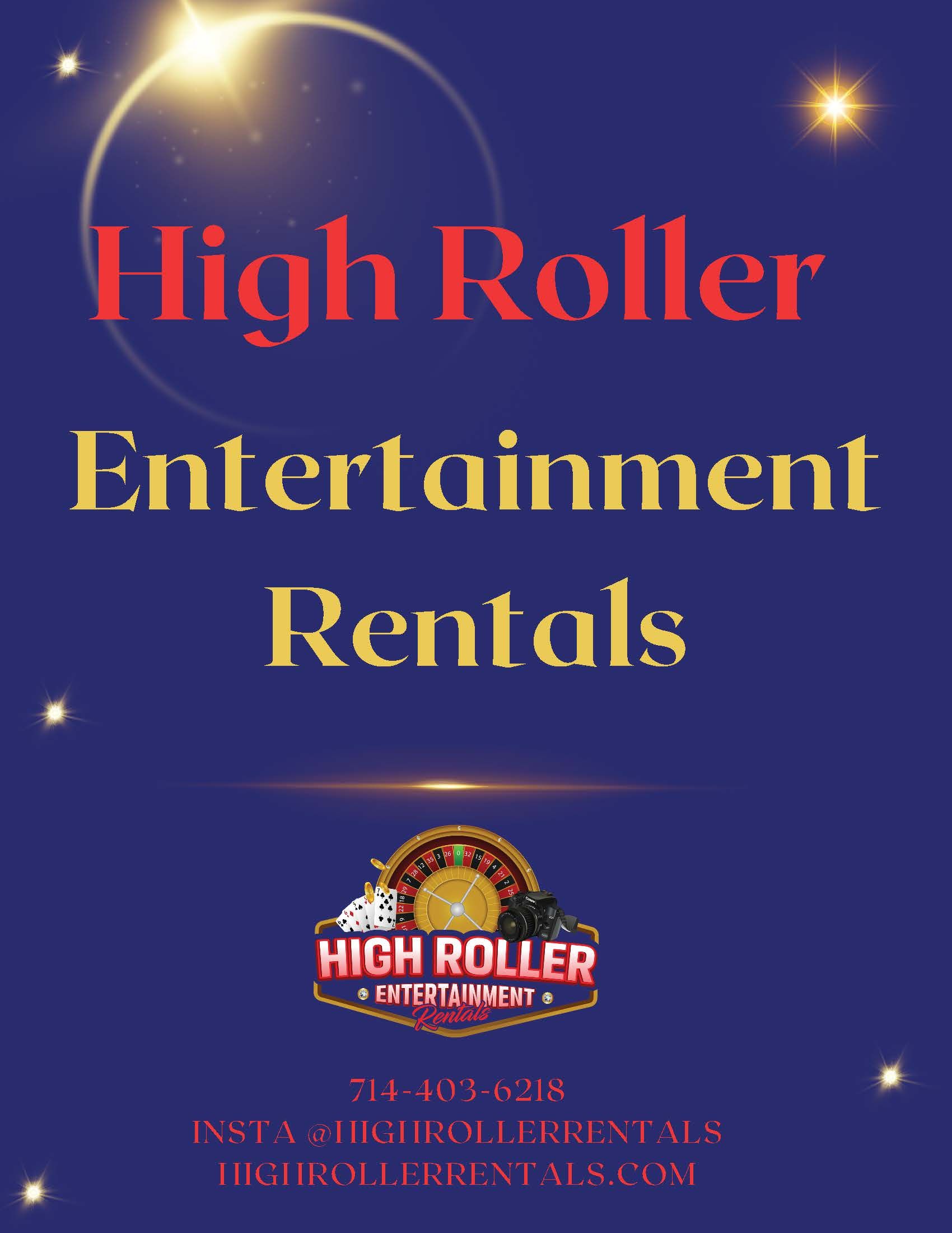 High Roller Entertainment Rentals logo on a dark blue starry background with red and gold text and a roulette icon