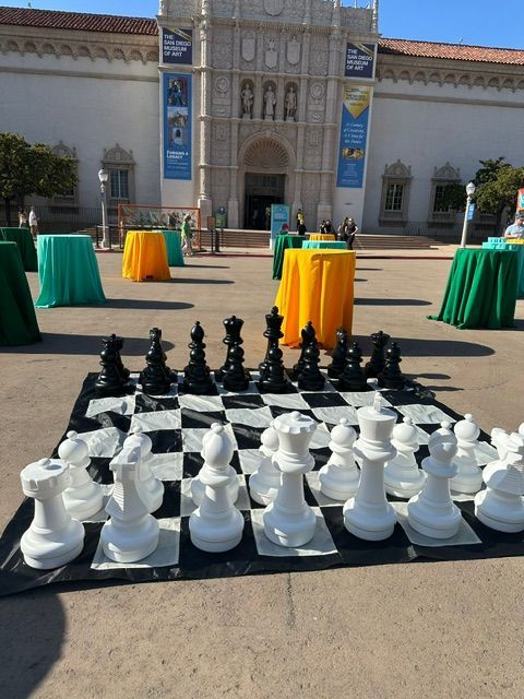 Black-and-white checkered chessboard with pieces set up on a carpeted floor