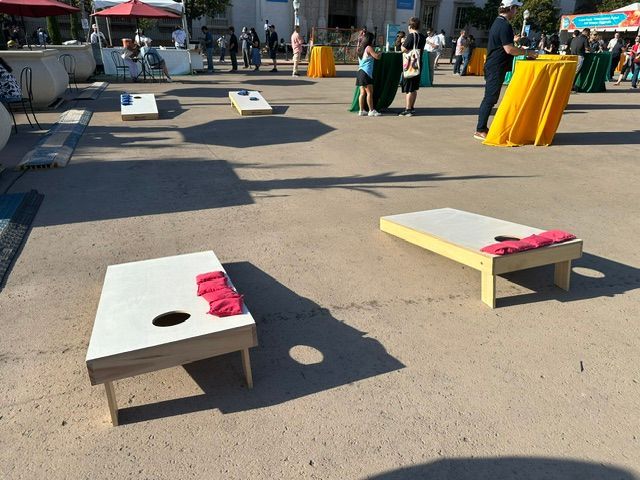 Wooden board with red, black, and white painted design, featuring a shield-like emblem outdoors.