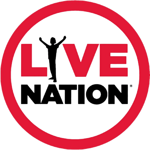 Live Nation logo with red circle, red and black text, and a black figure with raised arms in the L.