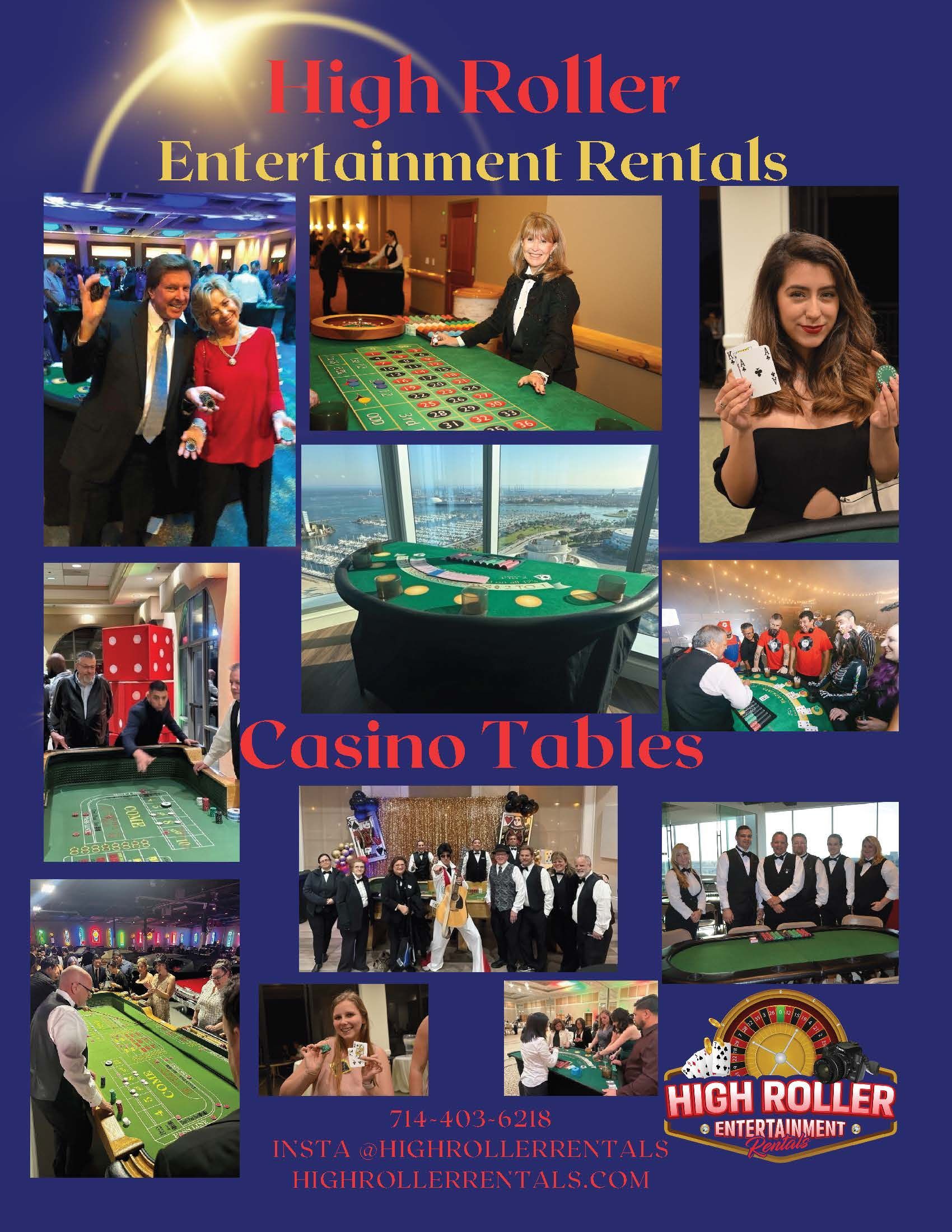 High Roller Entertainment Rentals decor flyer with colorful lighting, drapery, chairs, and event rental services