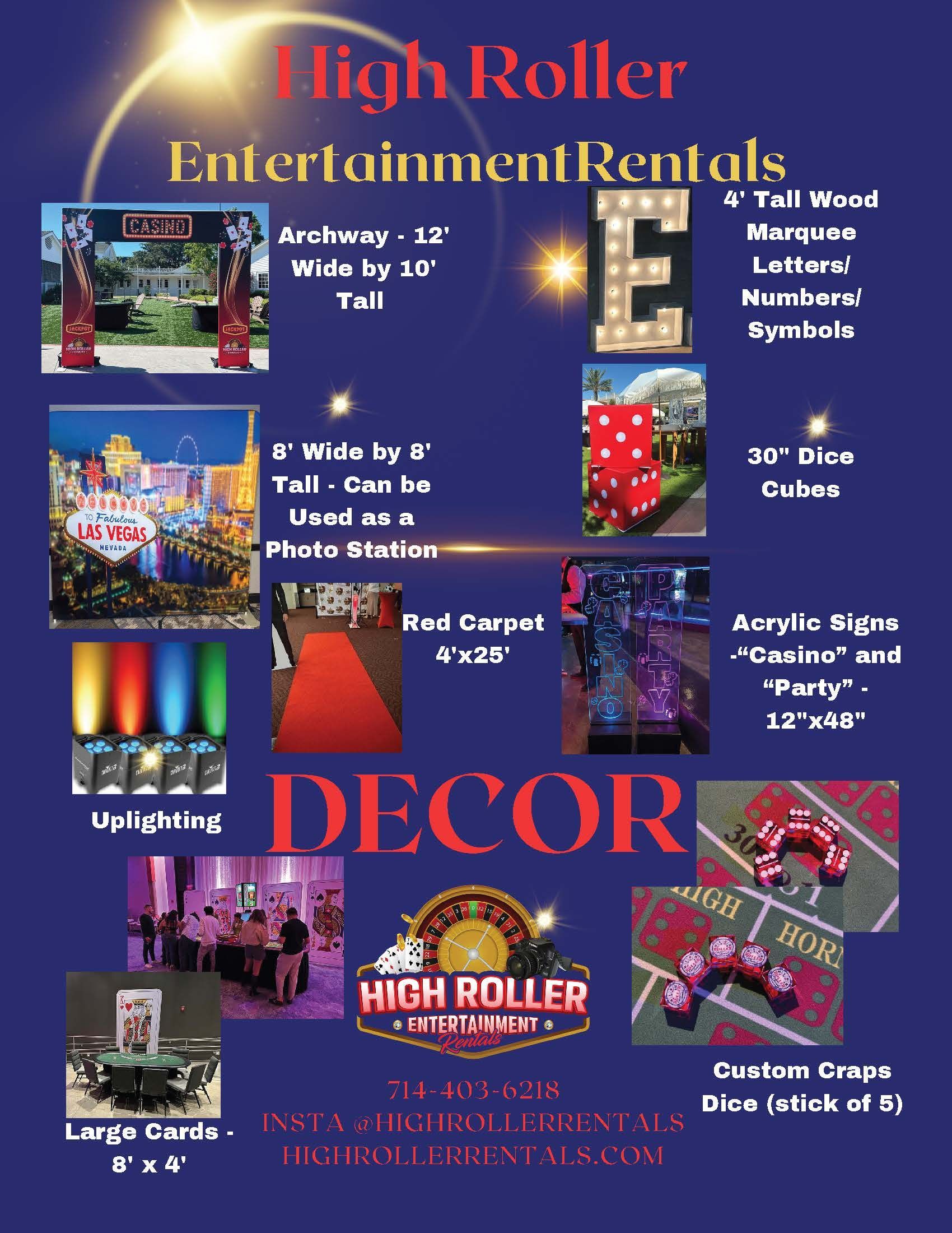 High Roller Entertainment Rentals decor flyer with colorful lighting, drapery, chairs, and event rental services