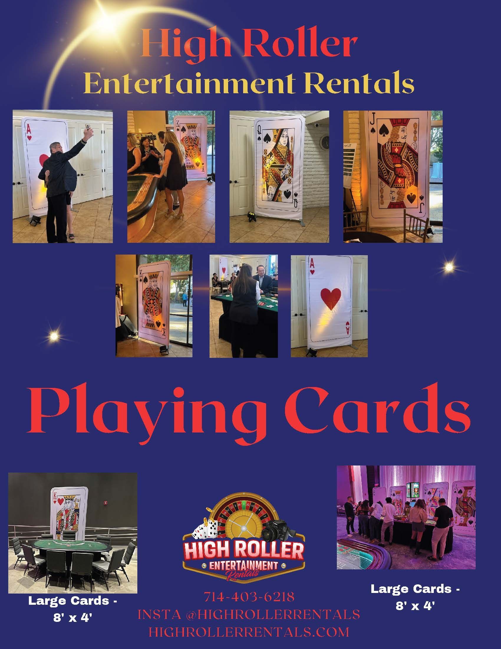High Roller Entertainment Rentals flyer for playing cards, with casino-themed photos on a blue background.