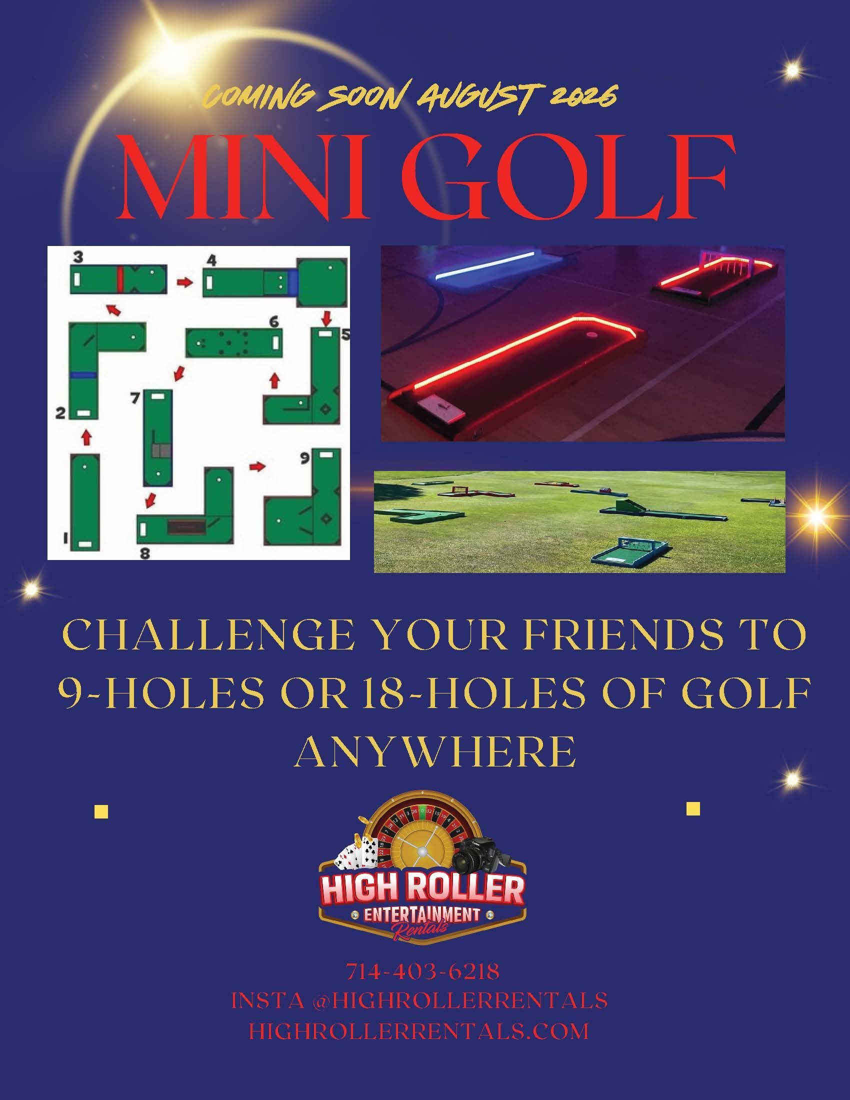 Mini golf game poster with maze course and neon putt-putt lane on a purple starry background.