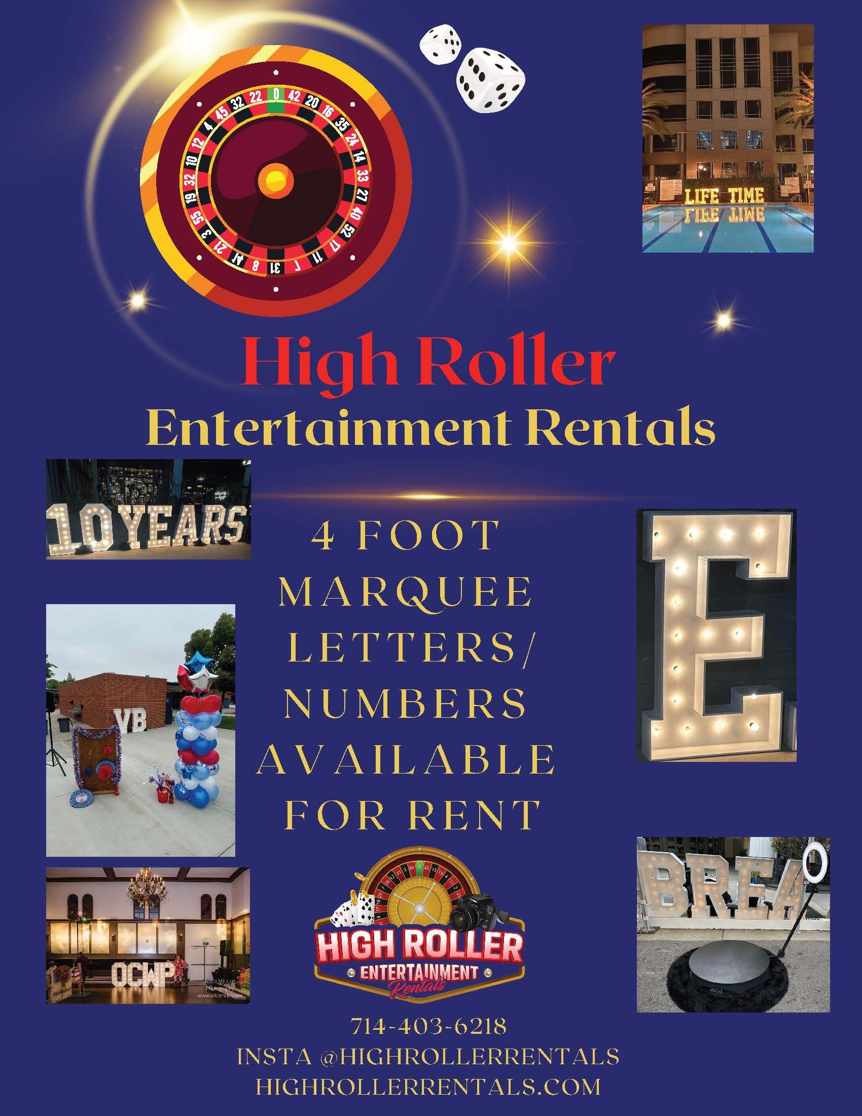 High Roller Entertainment Rentals ad with red text, carnival wheel, marquee letters, dice, and rental items collage