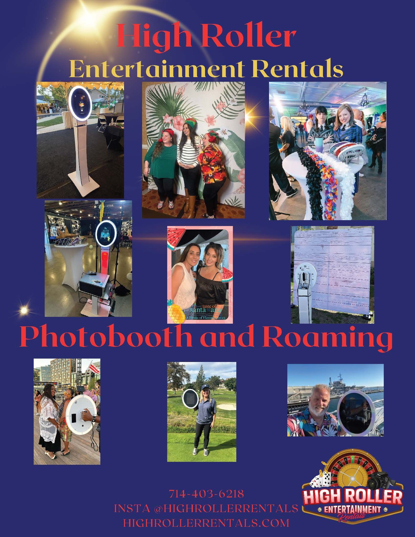 Collage of 360 video event scenes with people, props, and a “HIGH ROLLER” display in colorful lighting