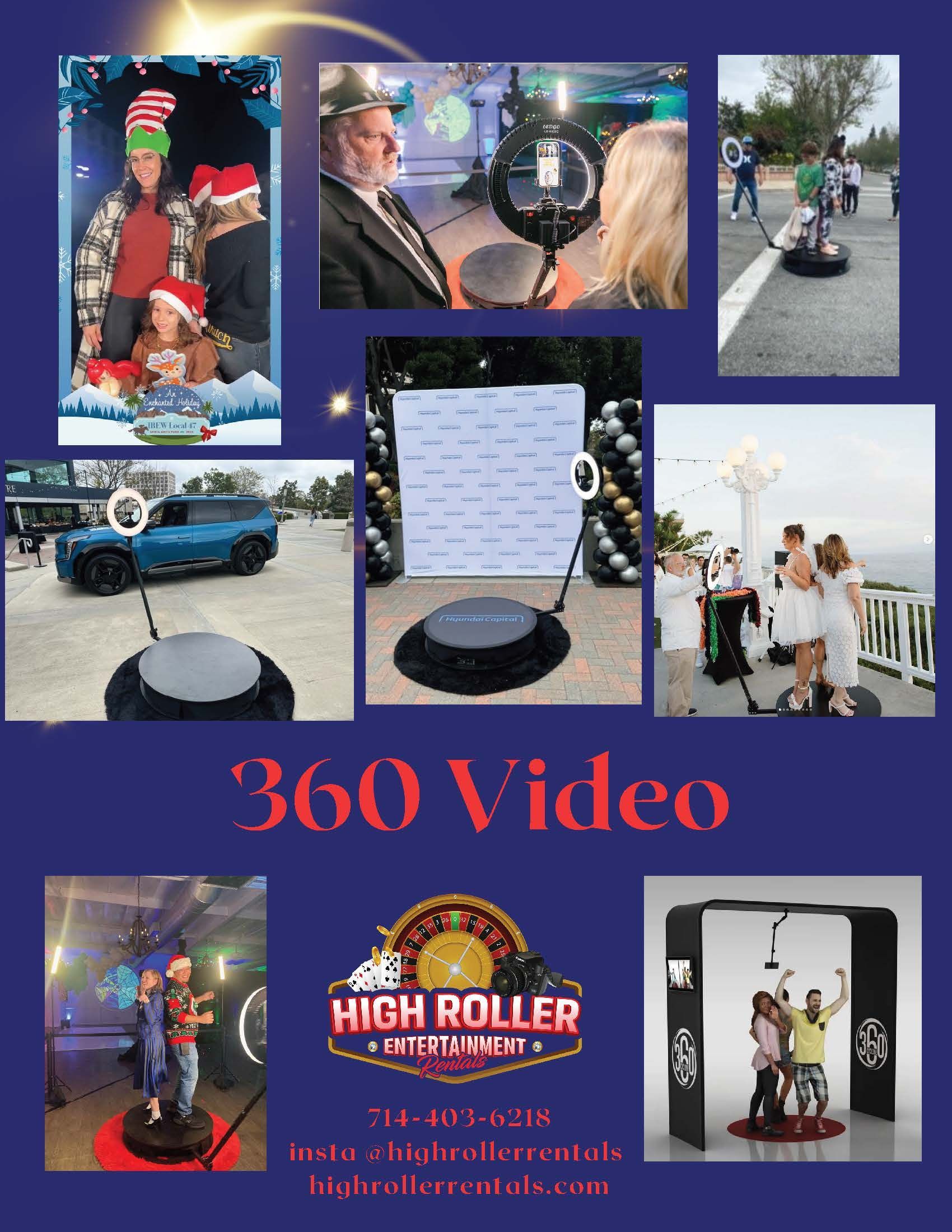 Collage of 360 video event scenes with people, props, and a “HIGH ROLLER” display in colorful lighting