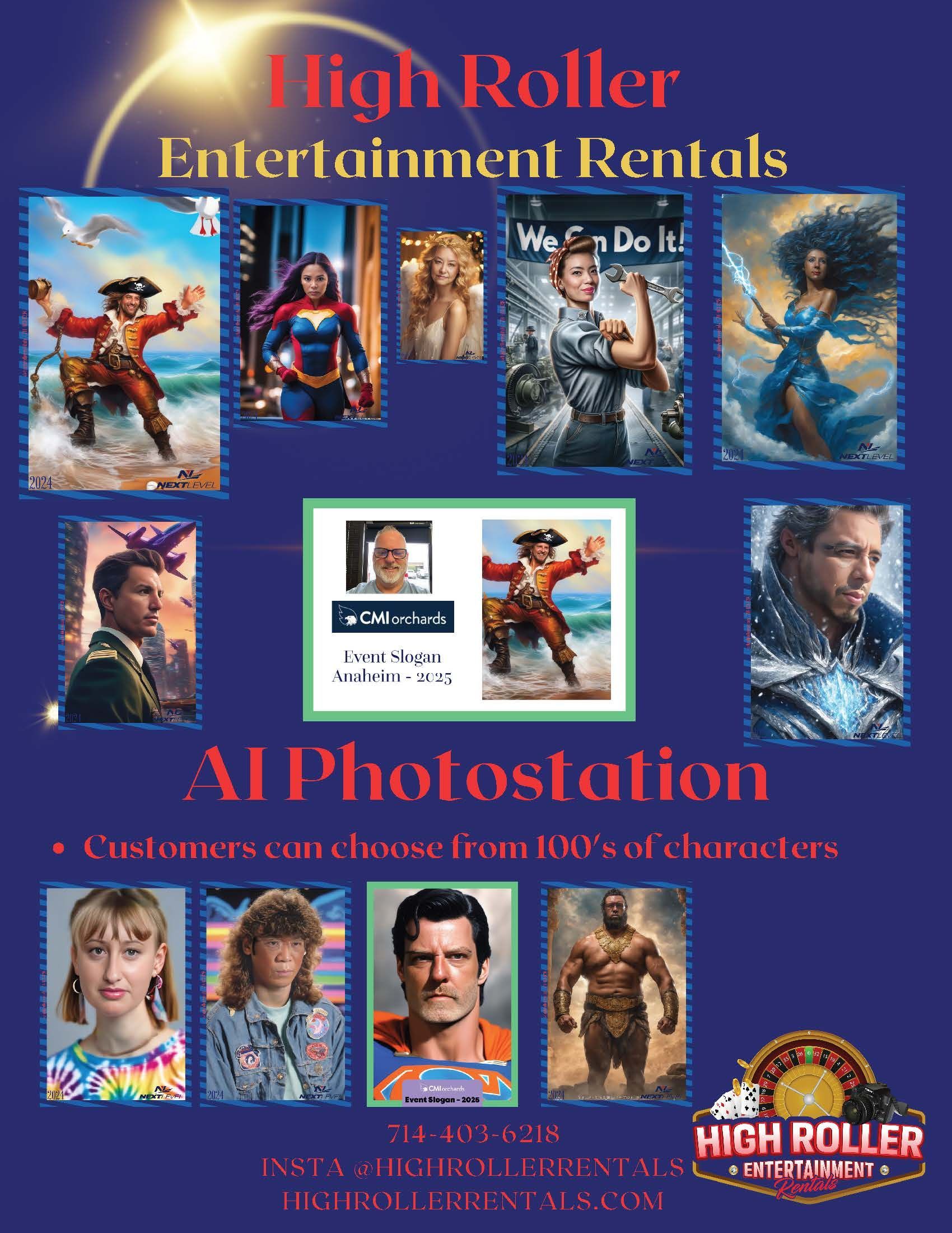 High Roller Entertainment Rentals poster with movie posters and “All Photos & Film” promotional text on blue background
