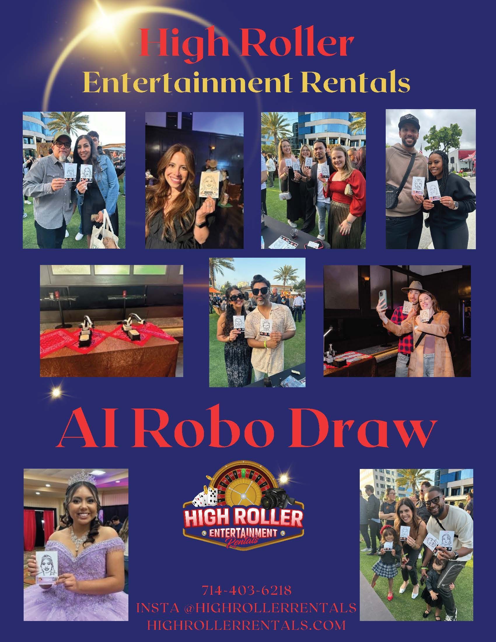 Purple casino promo poster with three people, AI caricature sketches, and “AI ROBOT CARICATURIST” text
