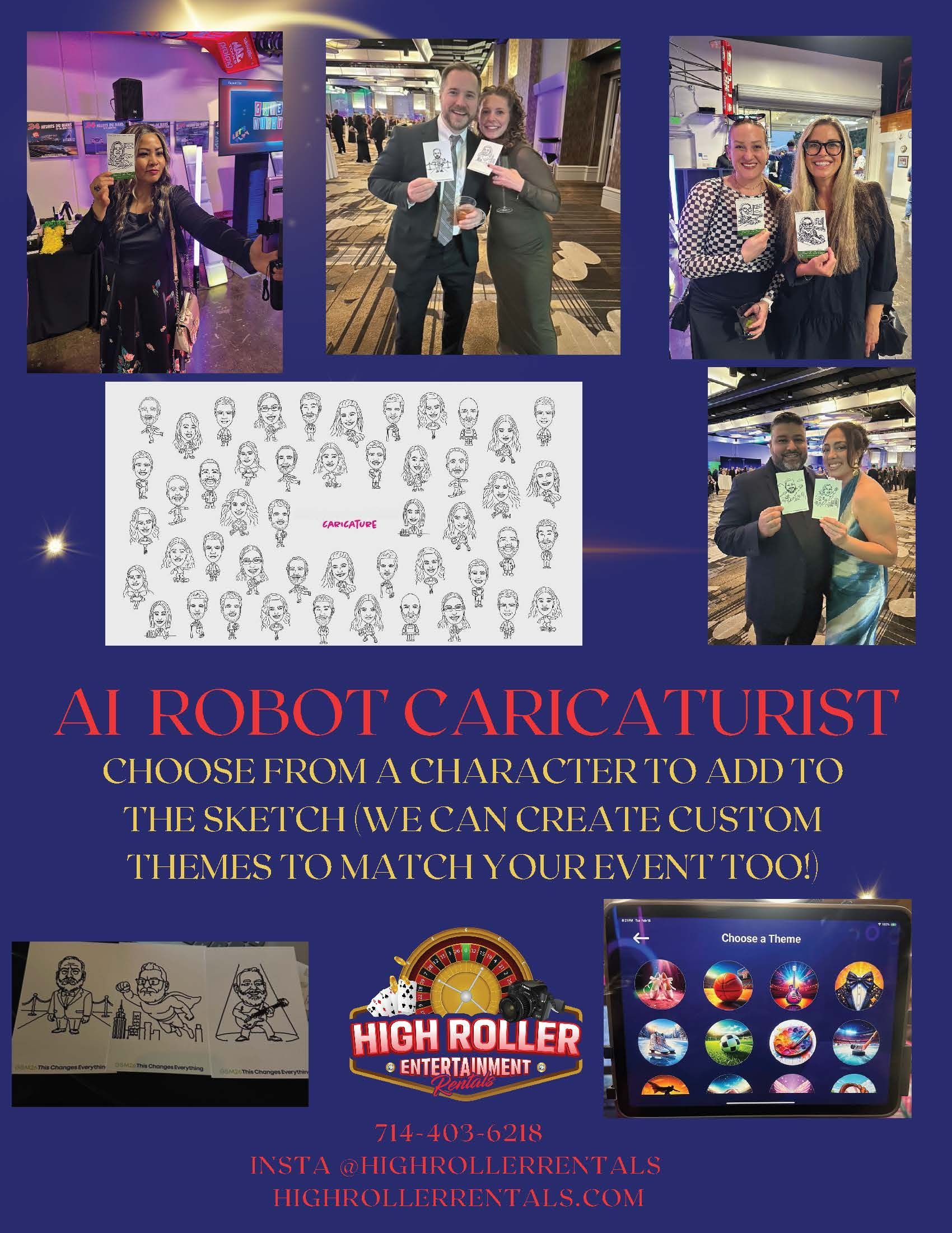 Purple casino promo poster with three people, AI caricature sketches, and “AI ROBOT CARICATURIST” text