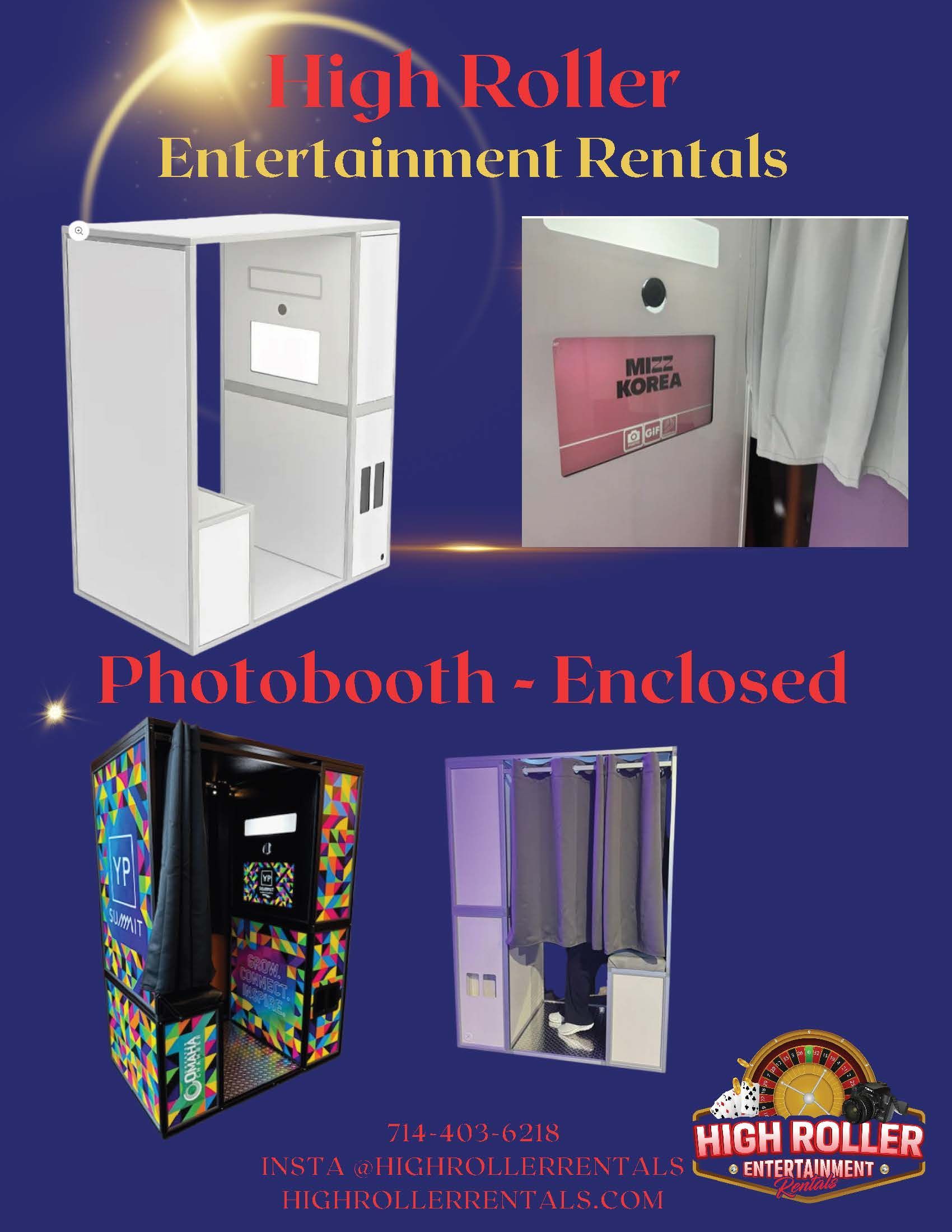High Roller Entertainment Rentals photobooth ad with white enclosed booth and colorful booth on blue background