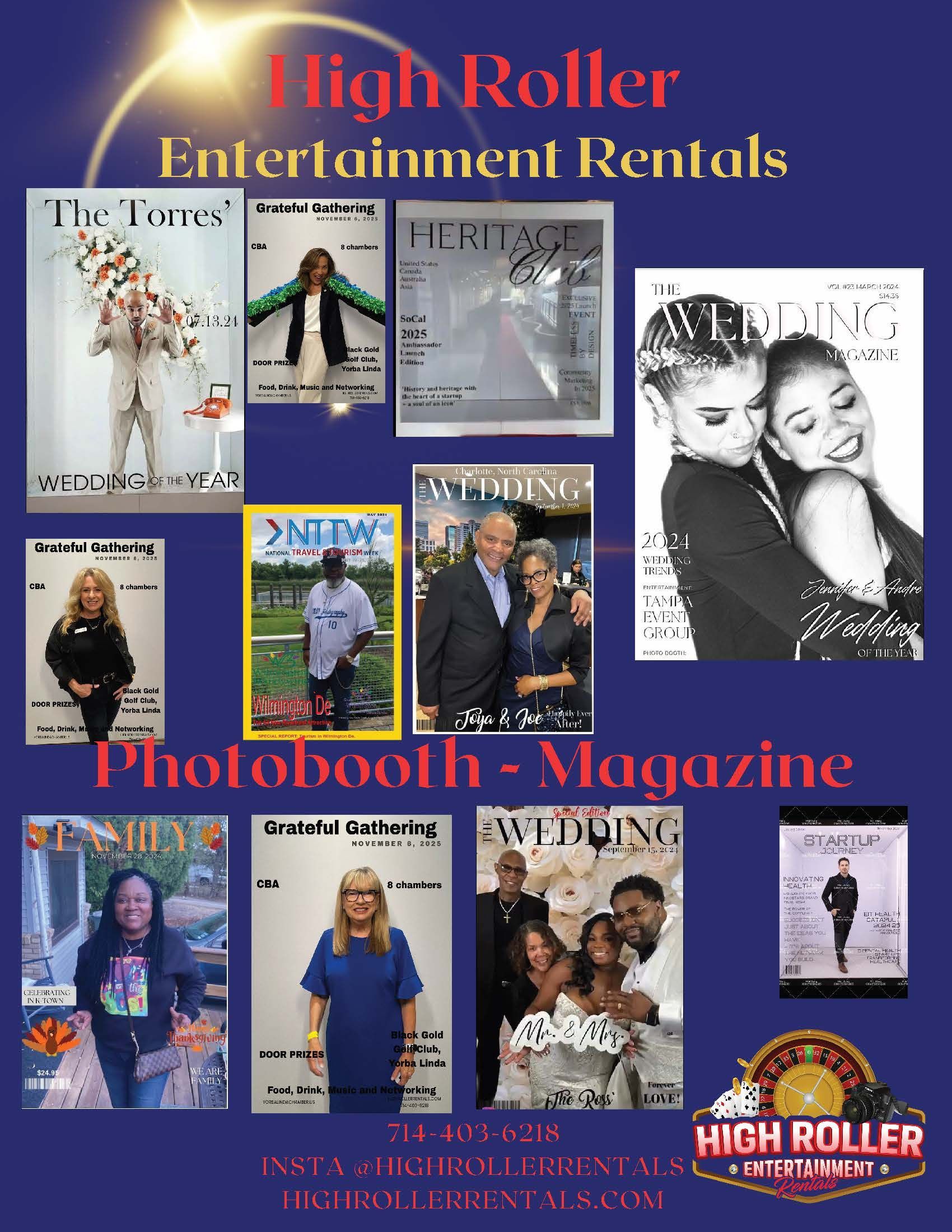 Promotional flyer for High Roller Entertainment Rentals featuring a scribble booth and event photos on a blue background