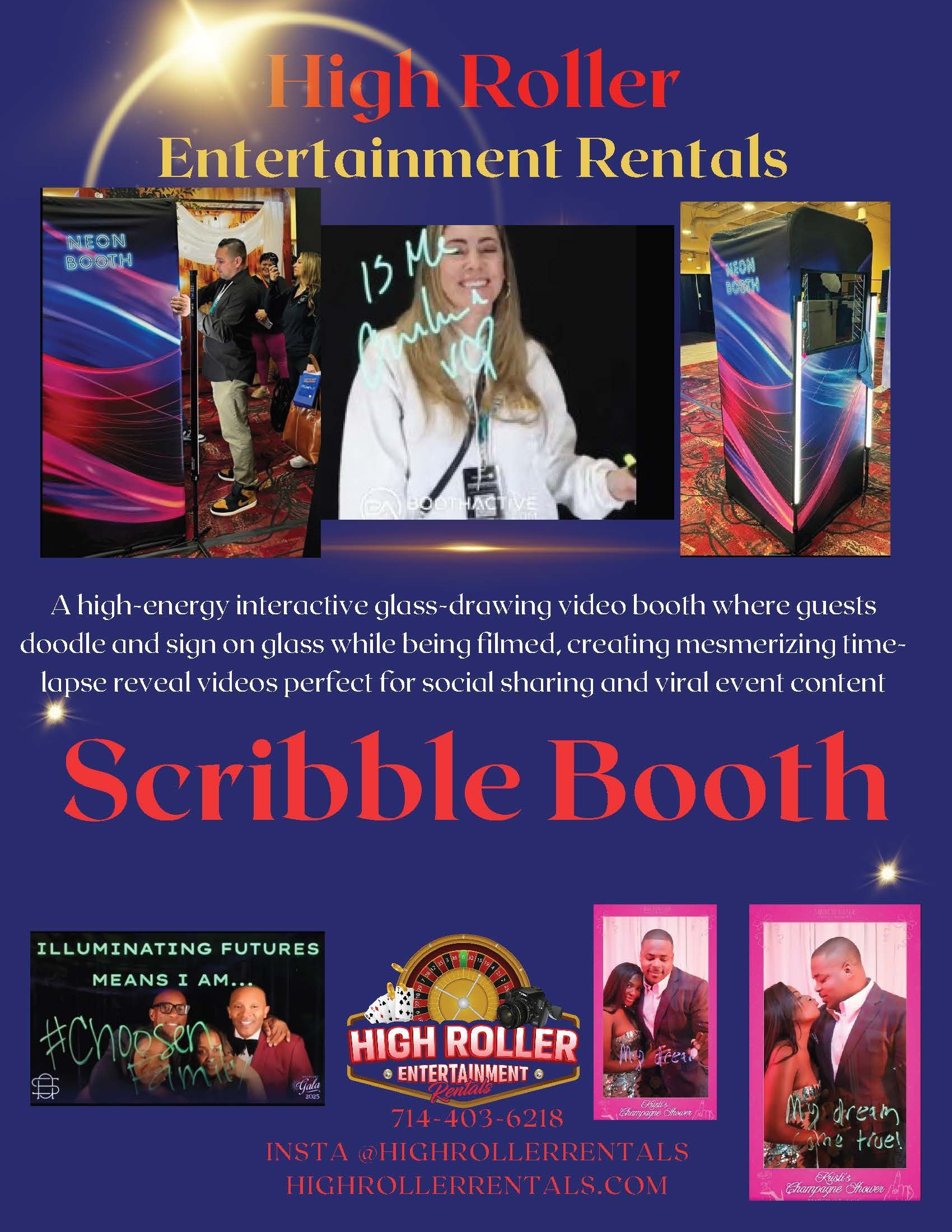 Promotional flyer for High Roller Entertainment Rentals featuring a scribble booth and event photos on a blue background