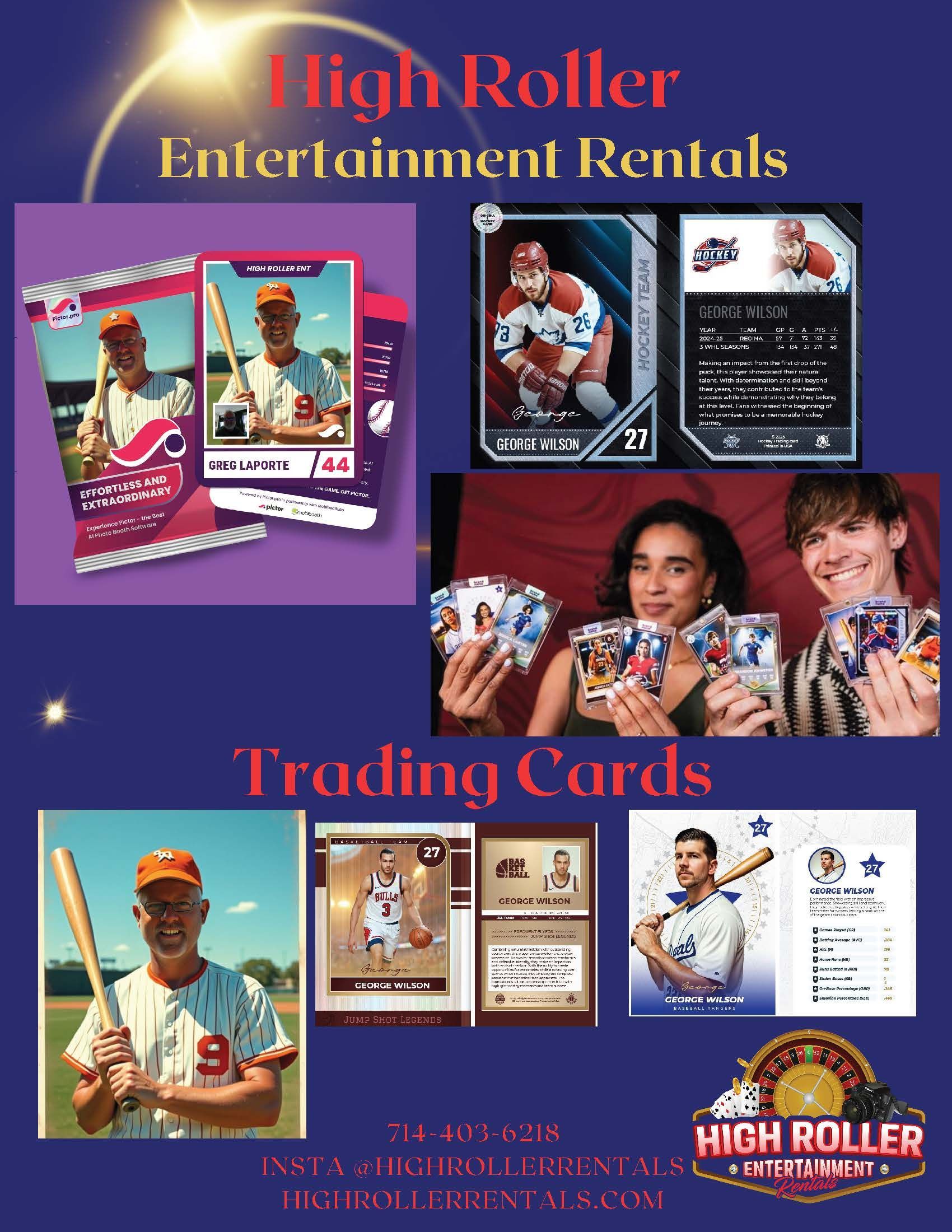High Roller Entertainment Rentals poster with trading cards and product photos on a purple background