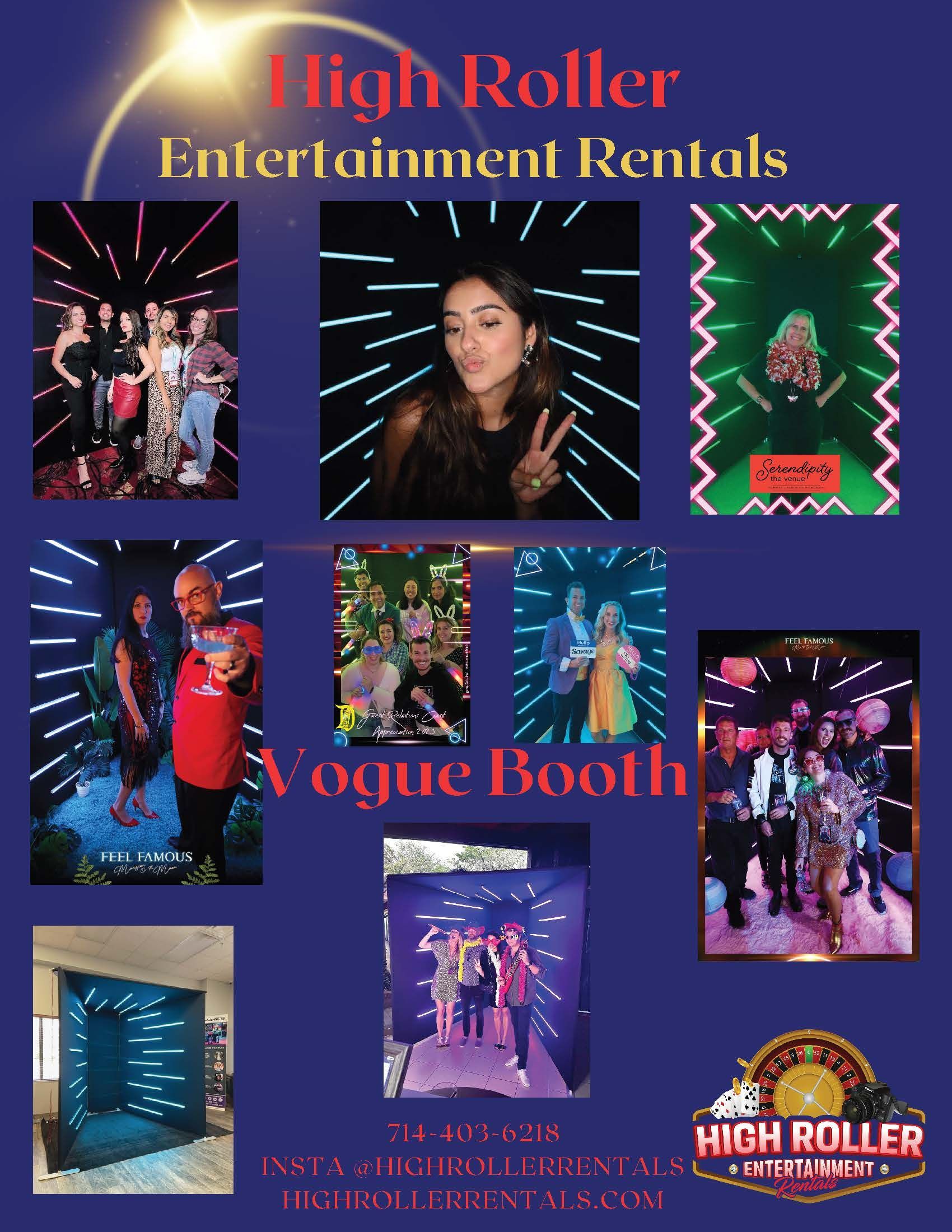 Promotional flyer for High Roller Entertainment Rentals wrapped photo station, with multiple colorful product photos
