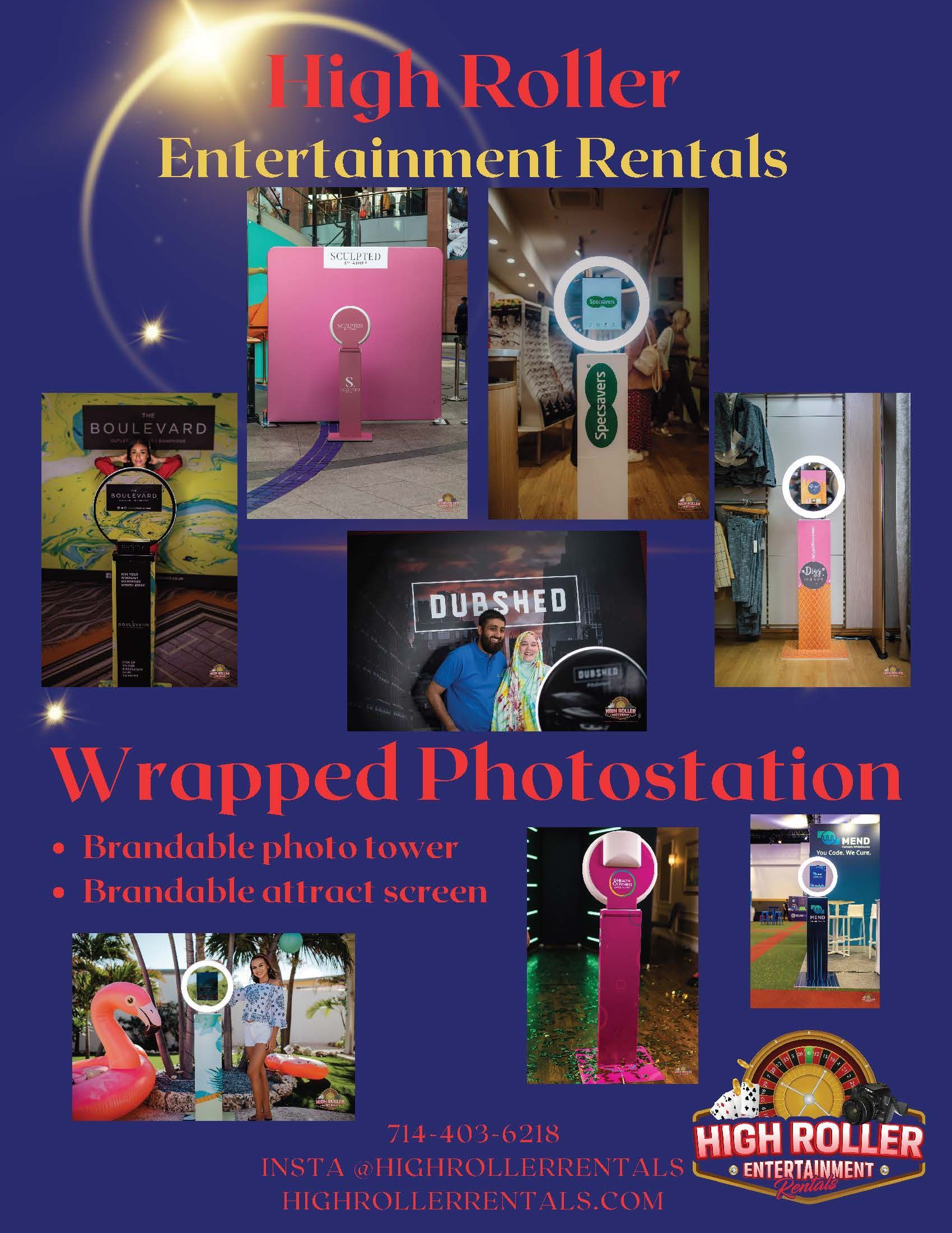 Promotional flyer for High Roller Entertainment Rentals wrapped photo station, with multiple colorful product photos