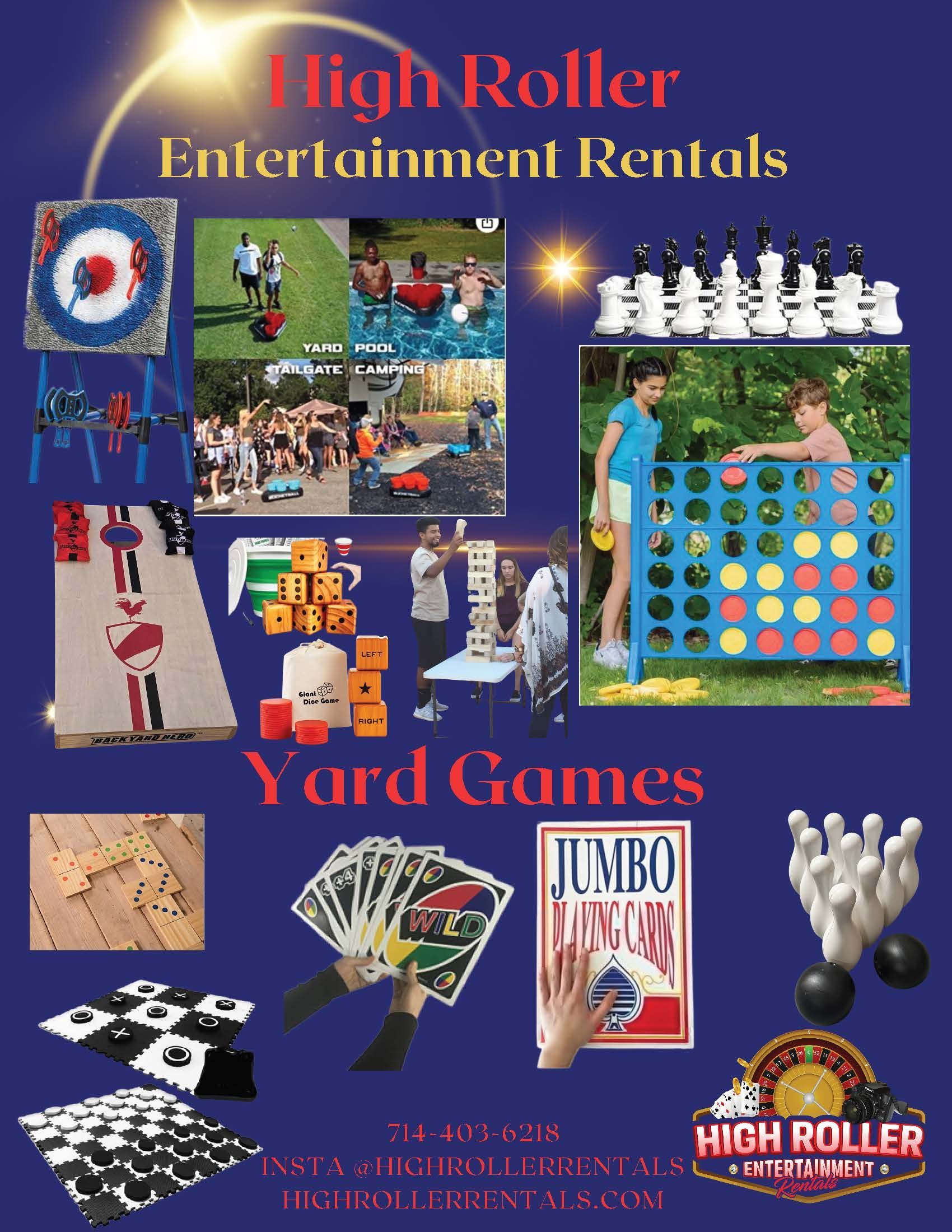High Roller Entertainment Rentals collage of carnival games, inflatables, and yard game equipment on a blue background