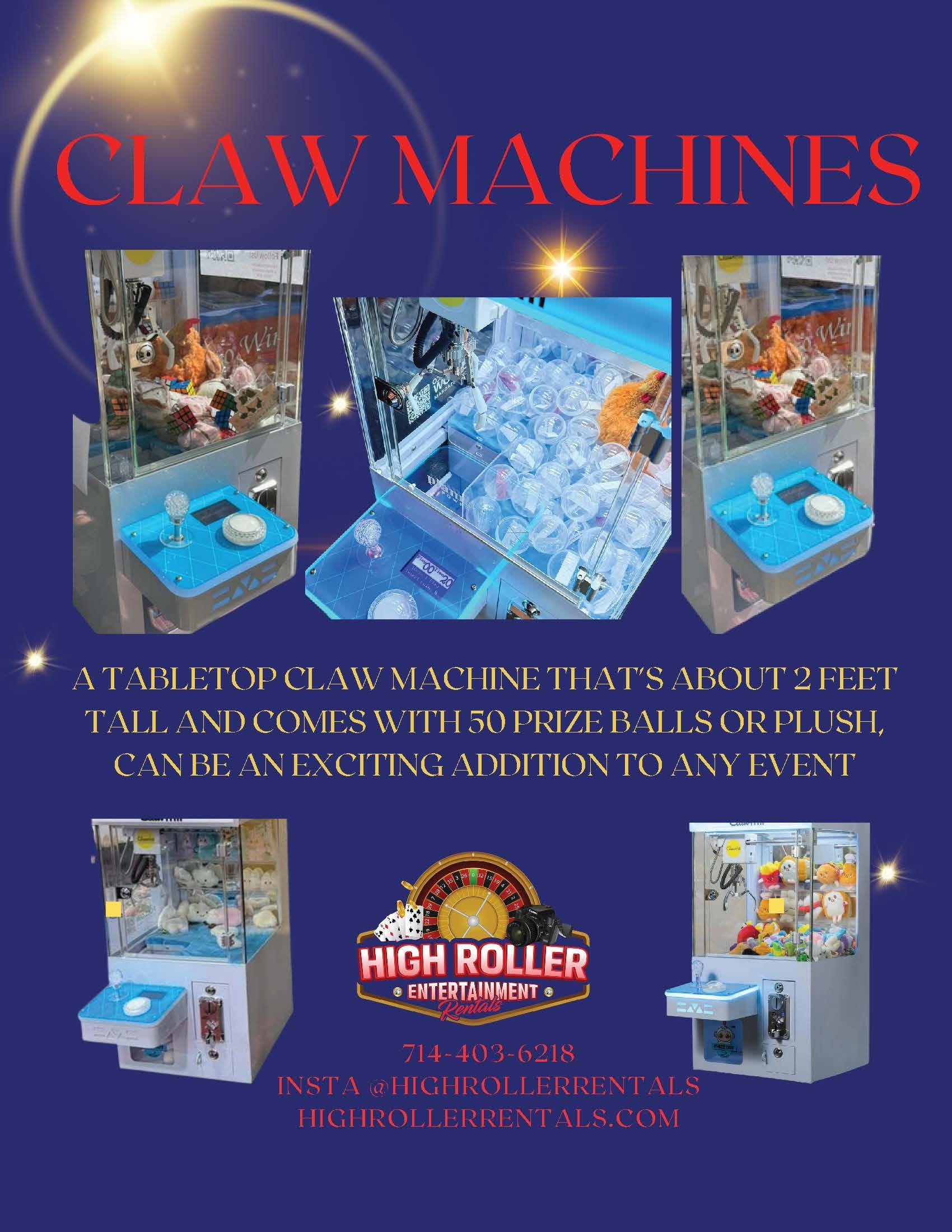 Claw machines flyer with blue background, red title, and photos of arcade prize machines.