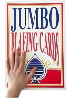 Box of jumbo playing cards with a hand holding it, red and blue packaging.