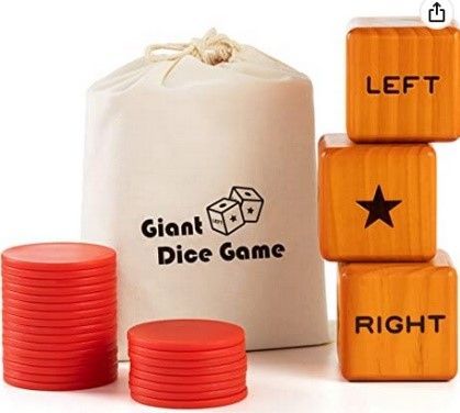Giant Dice Game set with red chips, beige bag, and wooden dice blocks labeled LEFT, STAR, RIGHT