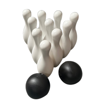 White bowling pins clustered above two black bowling balls on a white background