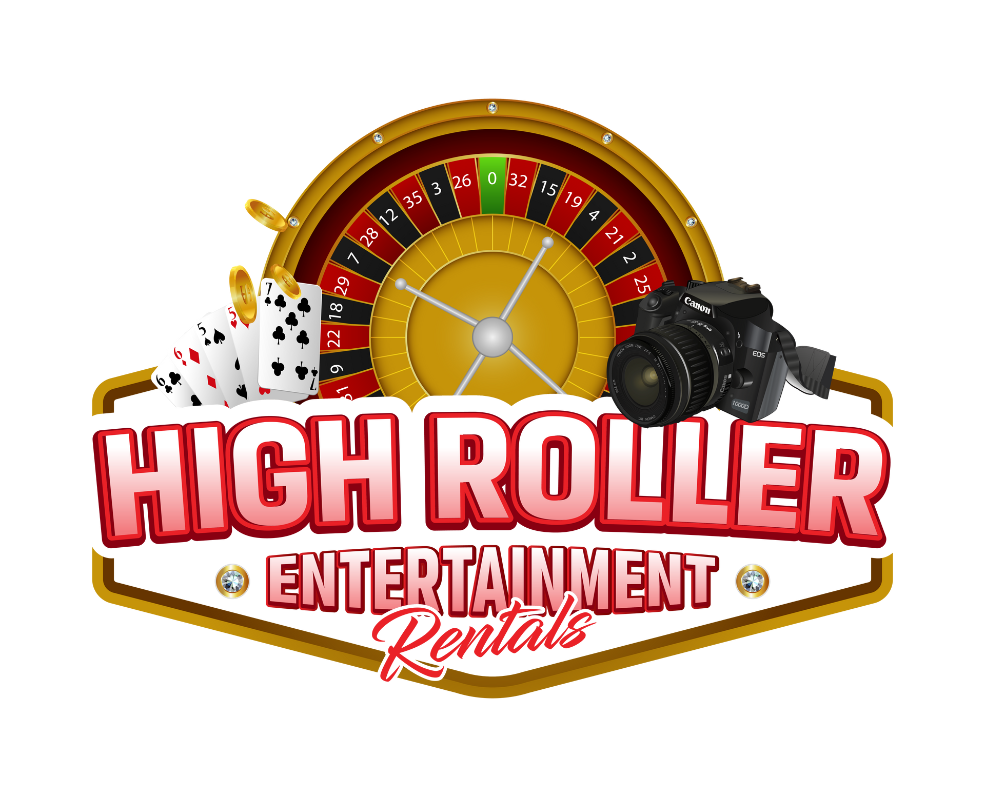 High Roller Entertainment Rentals logo with roulette wheel, cards, dice, and camera