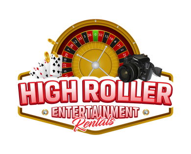 High Roller Entertainment Rentals logo with roulette wheel, dice, poker chips, and camera