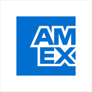Blue square American Express logo with white “AMEX” text