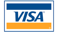 Visa logo on white background with blue text and orange and blue bars