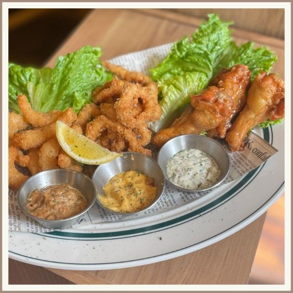 Appetizer Combo with shrimp, calamari, and chicken wings.