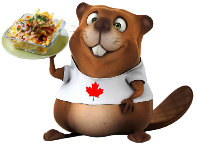 Beaver holding a plate of Poutine