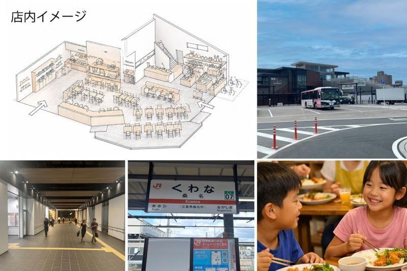 Collage of a shopping center: floor plan, exterior view, hallway, sign, and diners in a food court