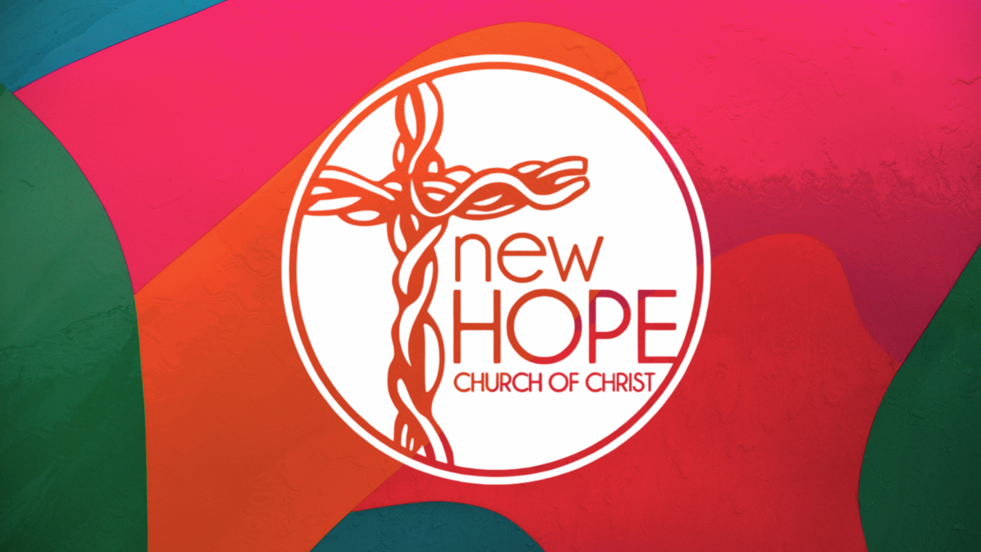 New Hope Church of Christ logo with a red cross and white circle on a pink and green background