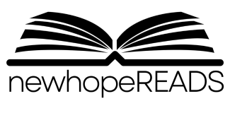 A black and white logo for newhopereads with an open book.