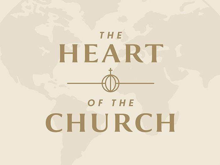 A logo for the heart of the church with a map of the world in the background.